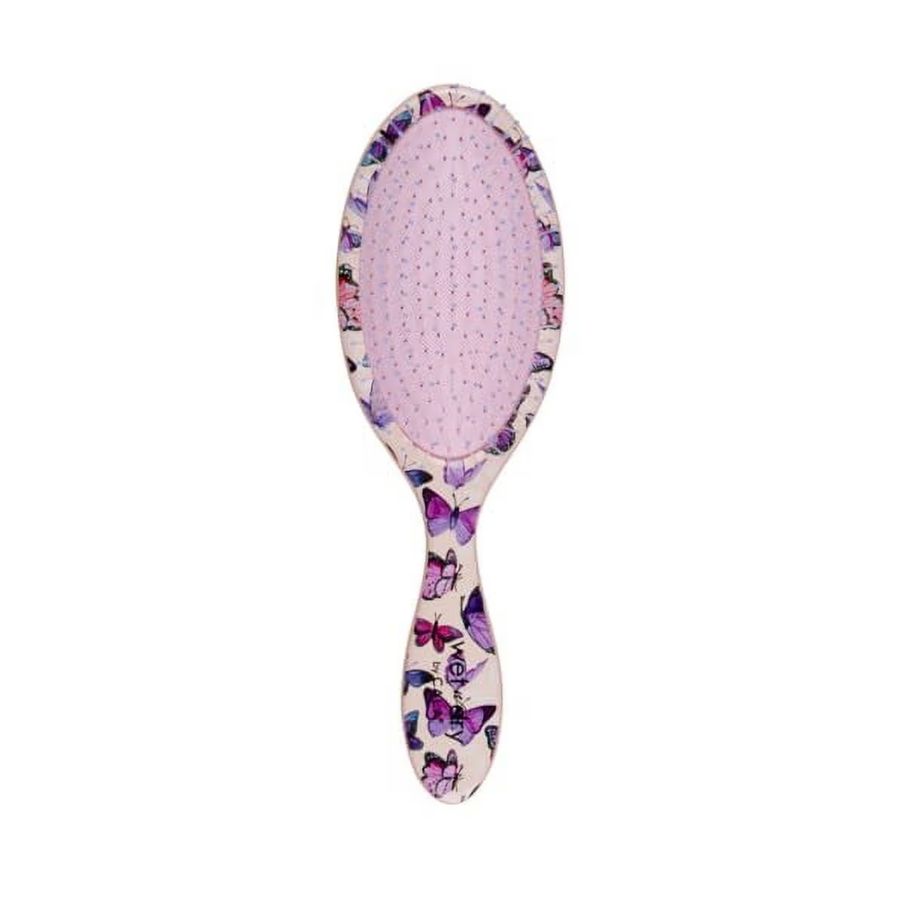 Cala Wet-N-Dry detangling hair brush with pink bristles and butterfly-patterned translucent handle