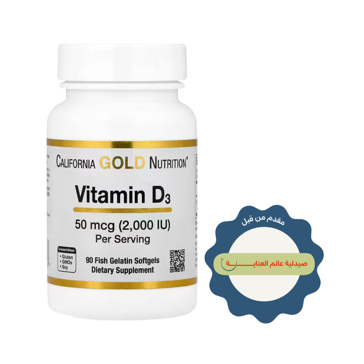 California Gold Nutrition Vitamin D3 50 mcg (2,000 IU), 90 fish gelatin softgels in white bottle.