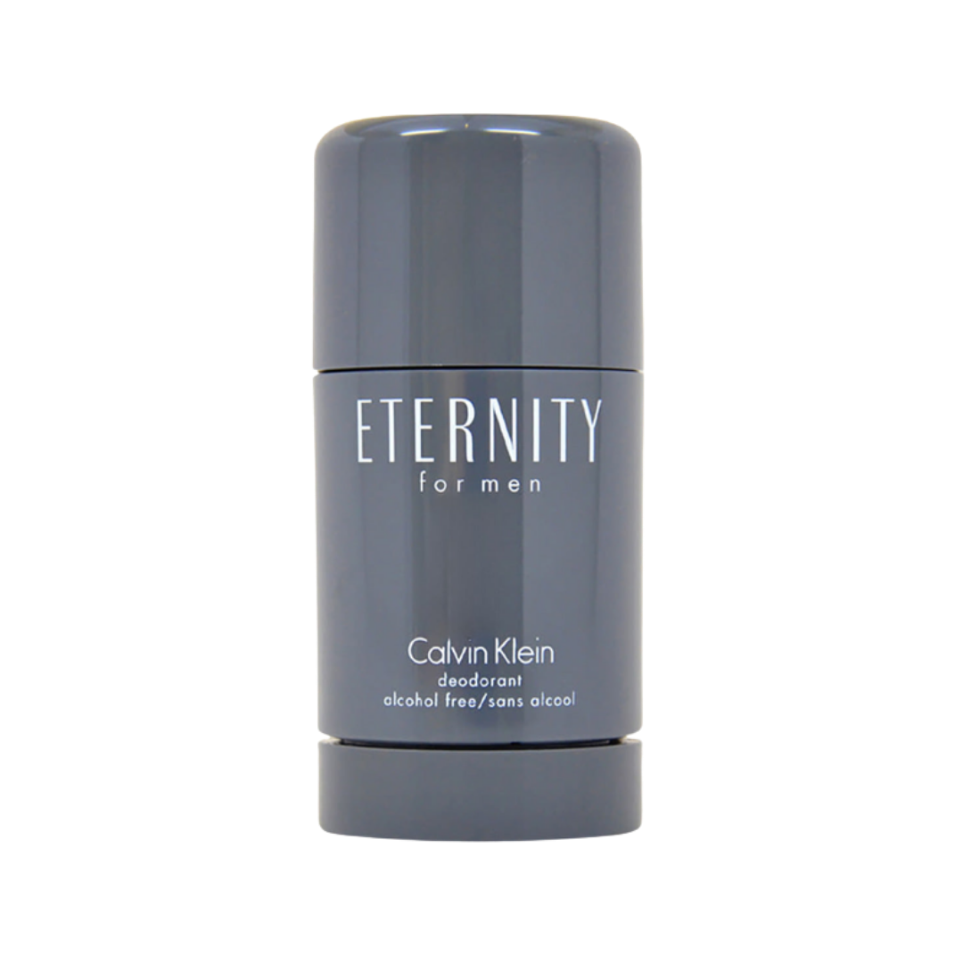 Calvin Klein Eternity for Men alcohol-free deodorant stick, gray cylindrical container with matching cap and white lettering.