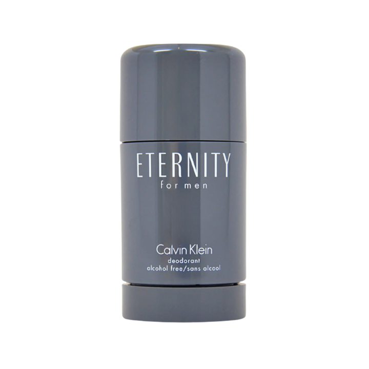 Calvin Klein Eternity for Men alcohol-free deodorant stick, gray cylindrical container with matching cap and white lettering.