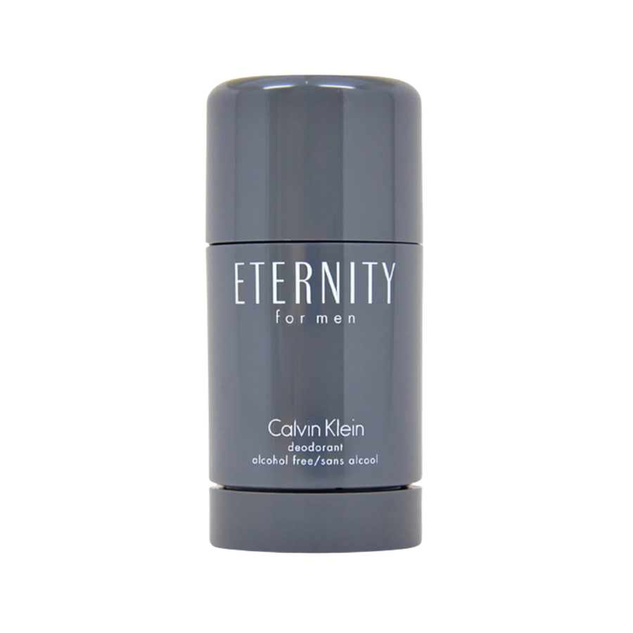 Calvin Klein Eternity for Men alcohol-free deodorant stick, gray cylindrical container with matching cap and white lettering.