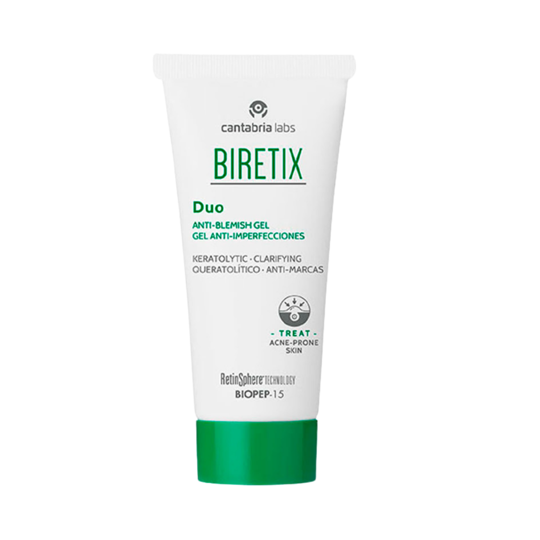 Cantabria Labs Biretix Duo anti-imperfection gel, 30ml, in a white tube with green cap.
