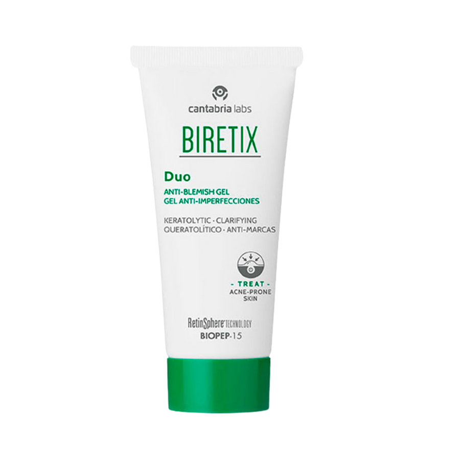 Cantabria Labs Biretix Duo anti-imperfection gel, 30ml, in a white tube with green cap.