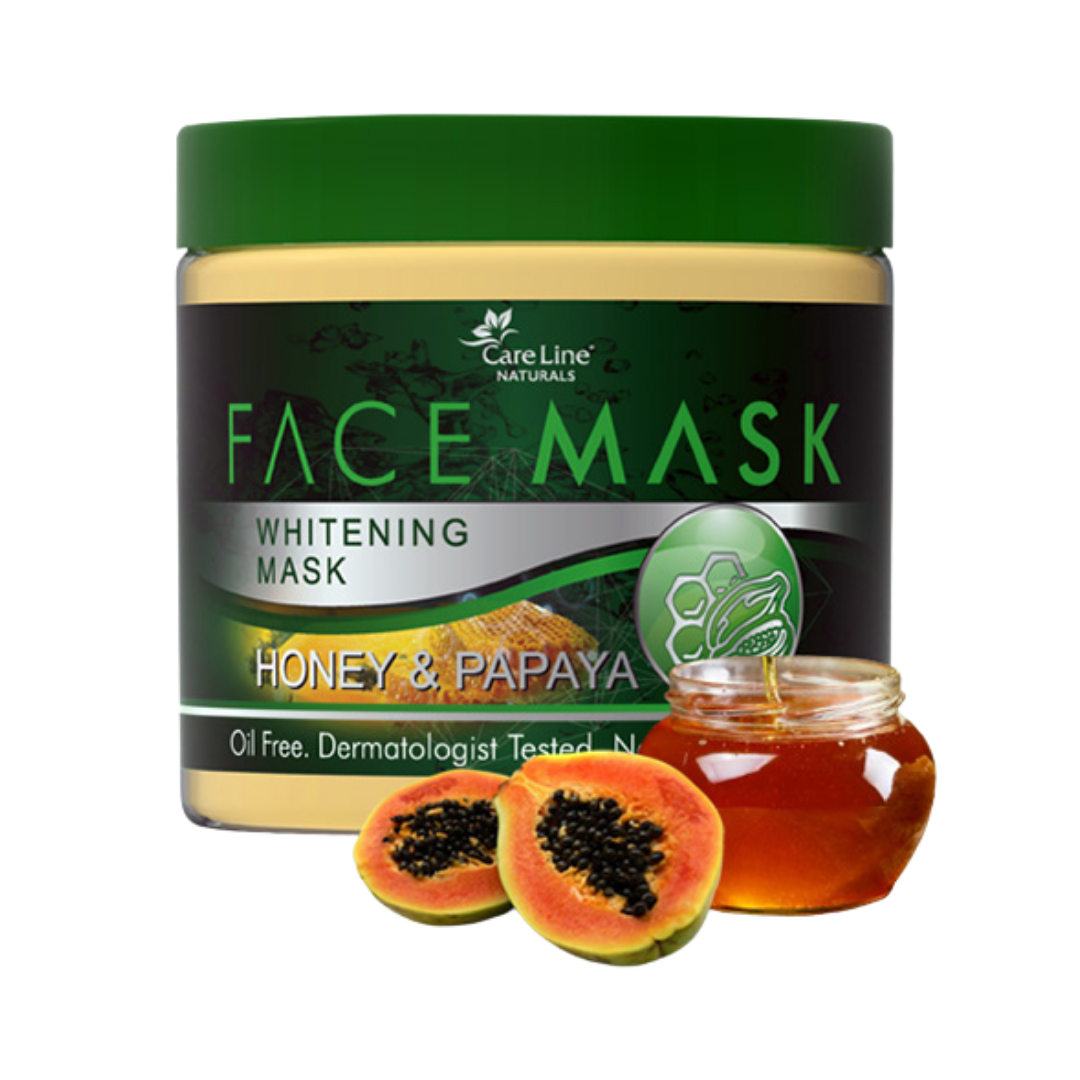 CareLine Face Mask Whitening Mask with Honey and Papaya, dermatologist tested, oil-free, in a 500g jar.