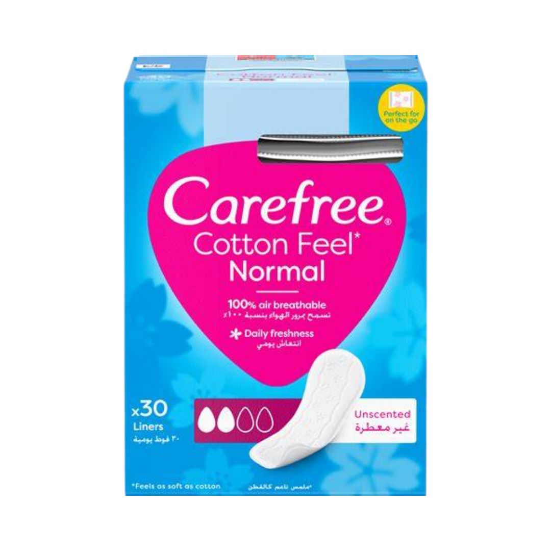 Carefree Cotton Feel Normal Liners, 30 liners per pack, unscented, breathable, designed for daily freshness.
