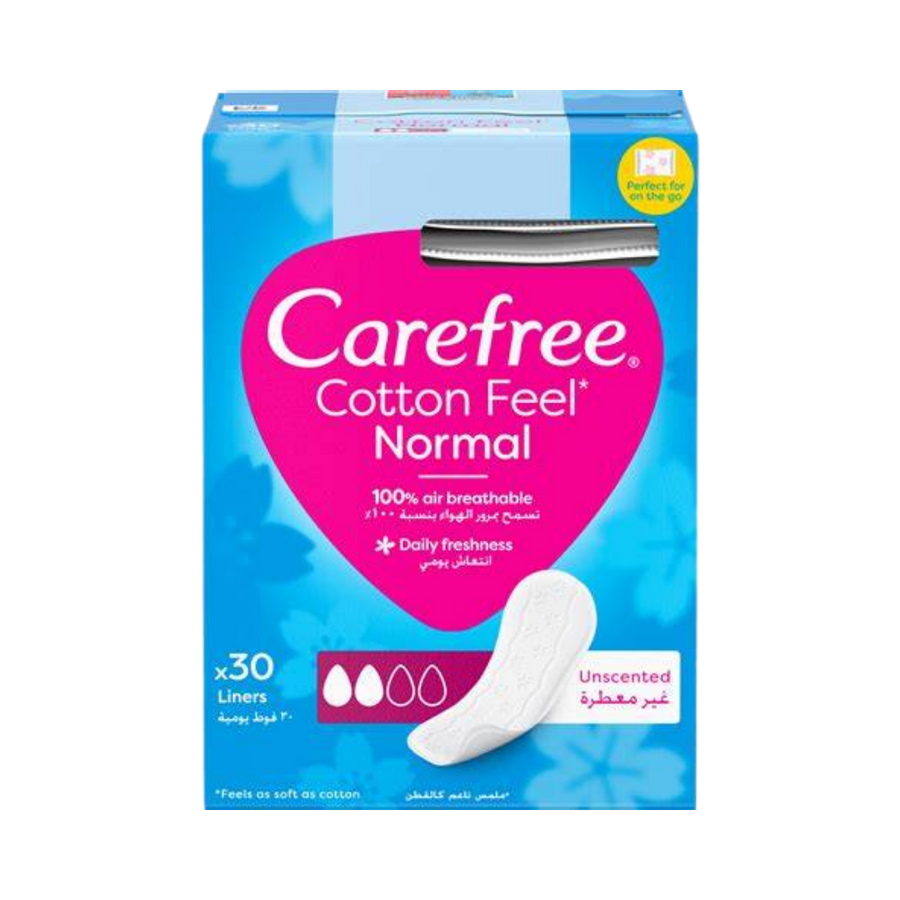 Carefree Cotton Feel Normal Liners, 30 liners per pack, unscented, breathable, designed for daily freshness.
