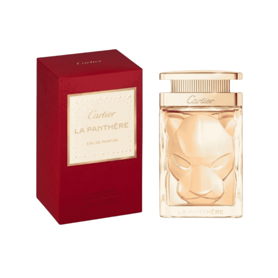 Cartier La Panthère Eau de Parfum bottle with panther design and red rectangular box packaging