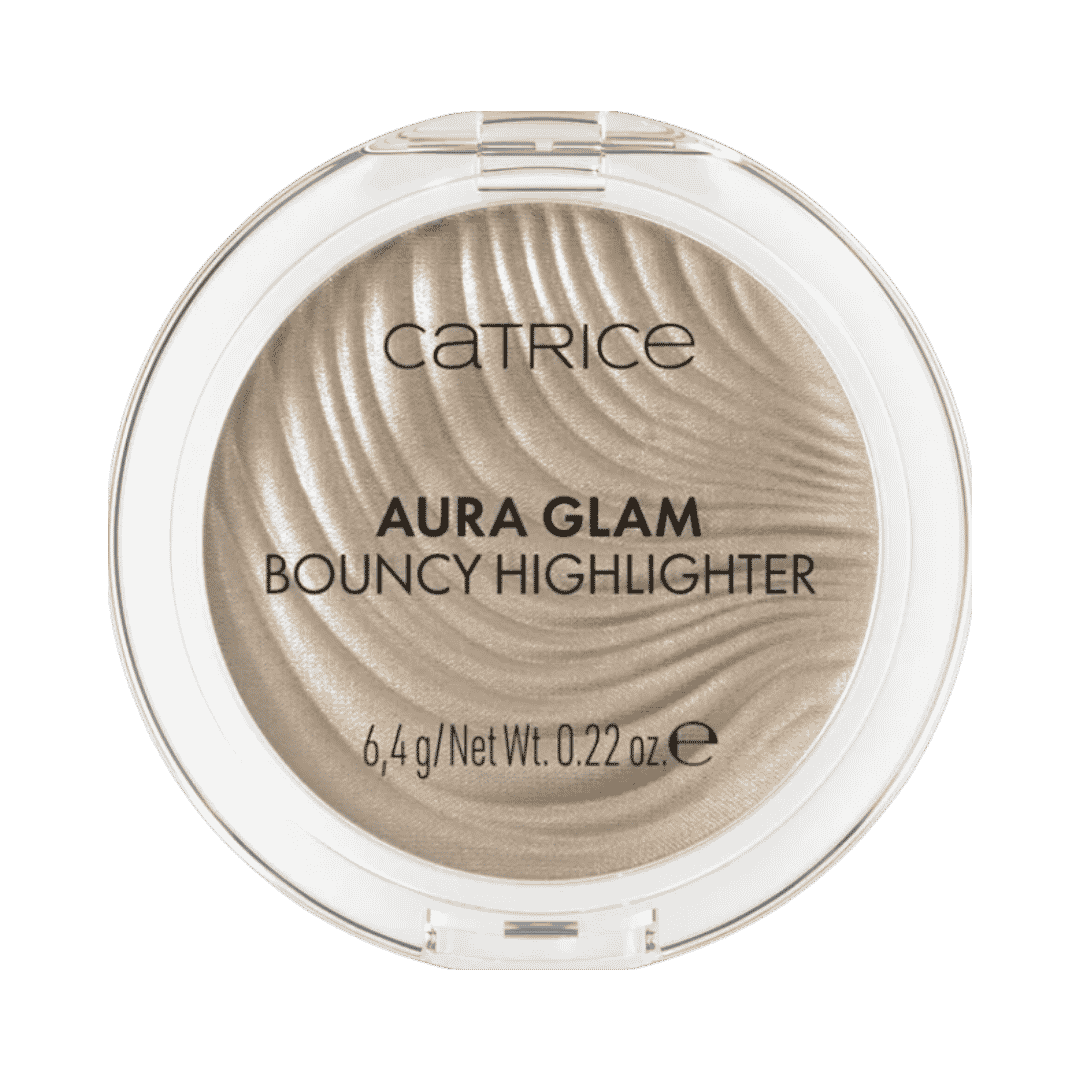 Catrice Aura Glam Bouncy Highlighter, champagne 6.4g round compact with clear lid and wavy texture
