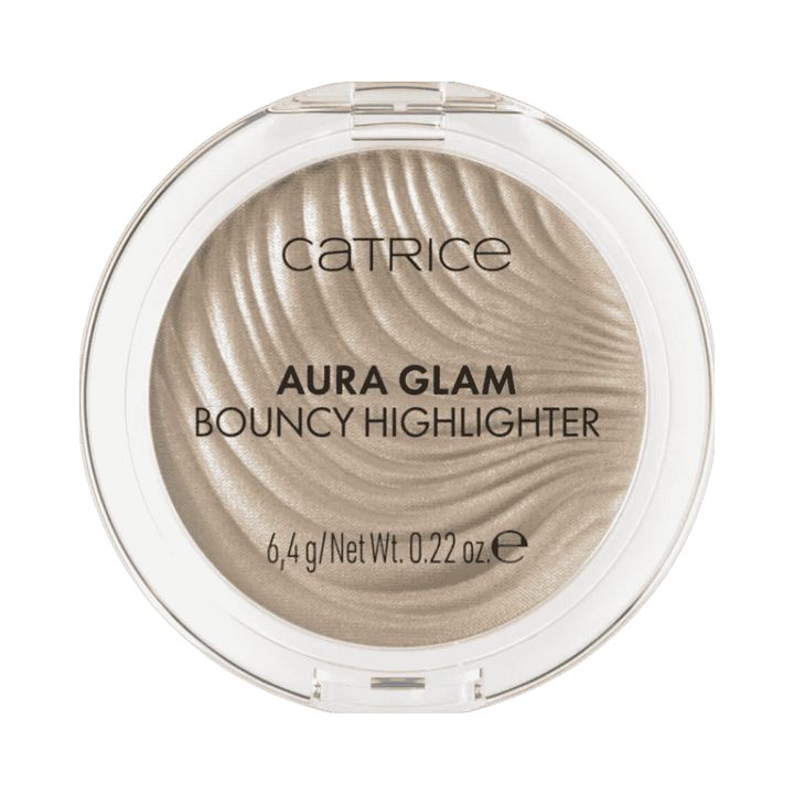 Catrice Aura Glam Bouncy Highlighter, champagne 6.4g round compact with clear lid and wavy texture