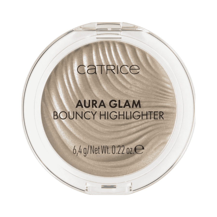 Catrice Aura Glam Bouncy Highlighter, champagne 6.4g round compact with clear lid and wavy texture