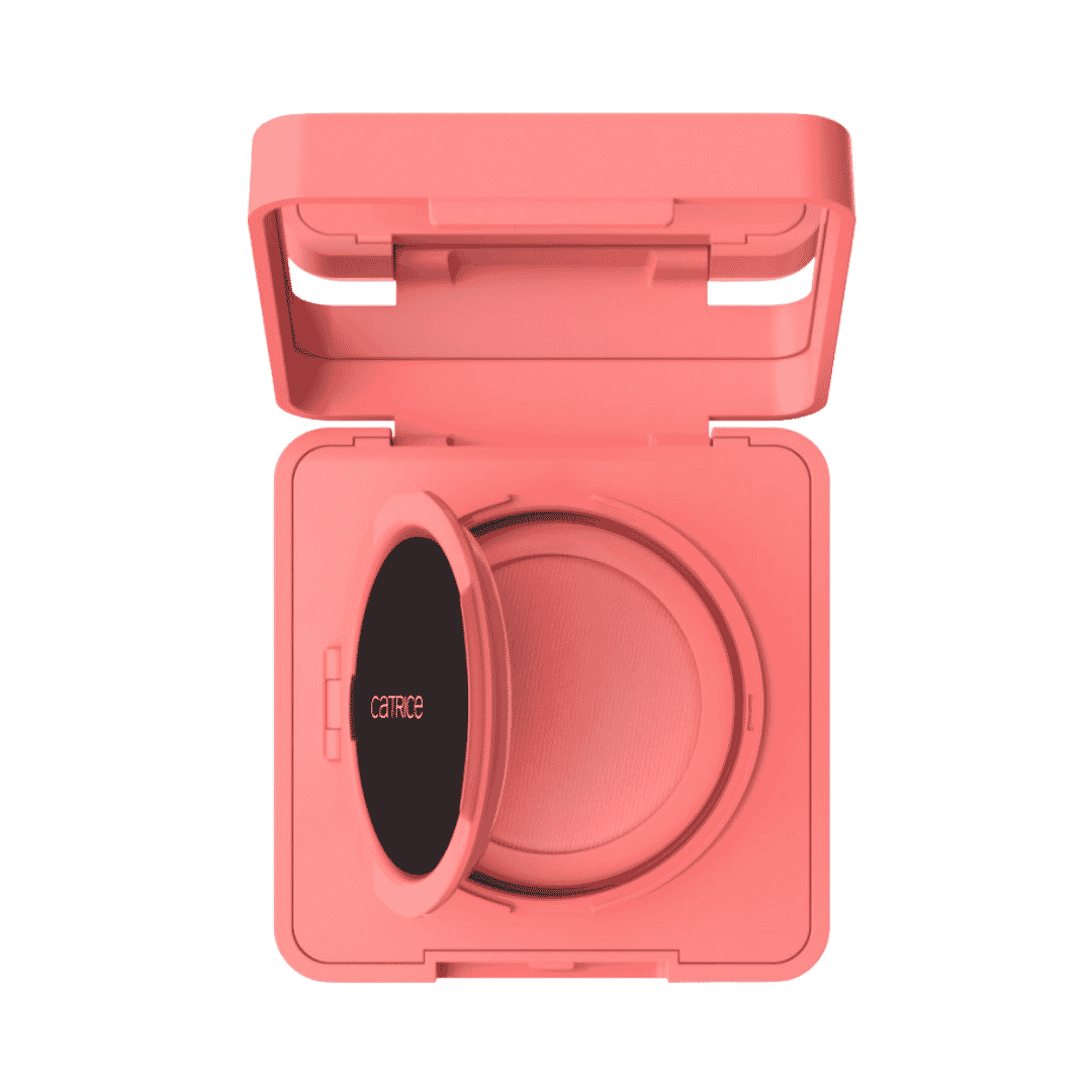 Pink rectangular makeup compact case with open lid, mirror, and circular powder compartment interior.