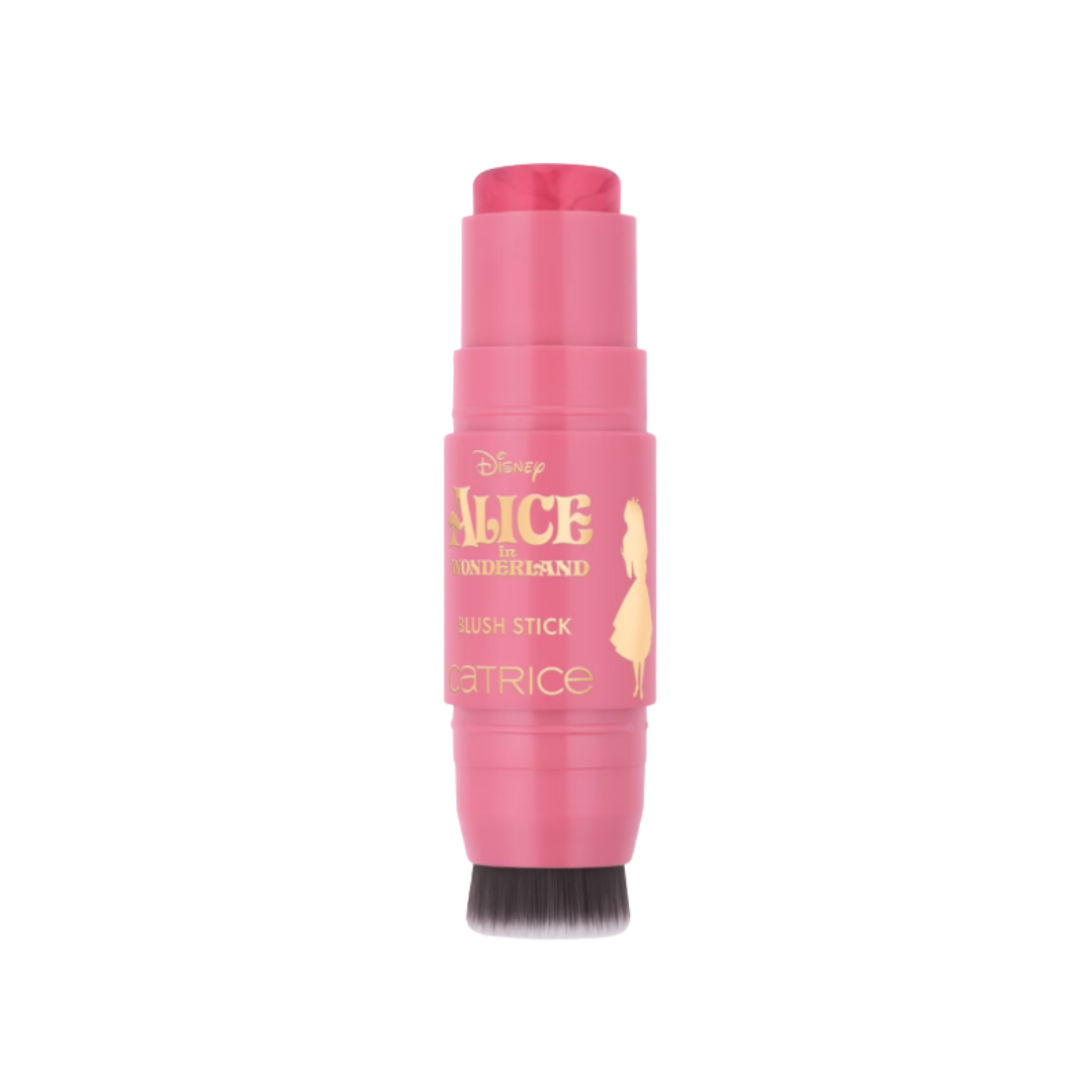 Catrice Disney Alice in Wonderland blush stick, pink dual-ended tube with built-in brush and gold lettering