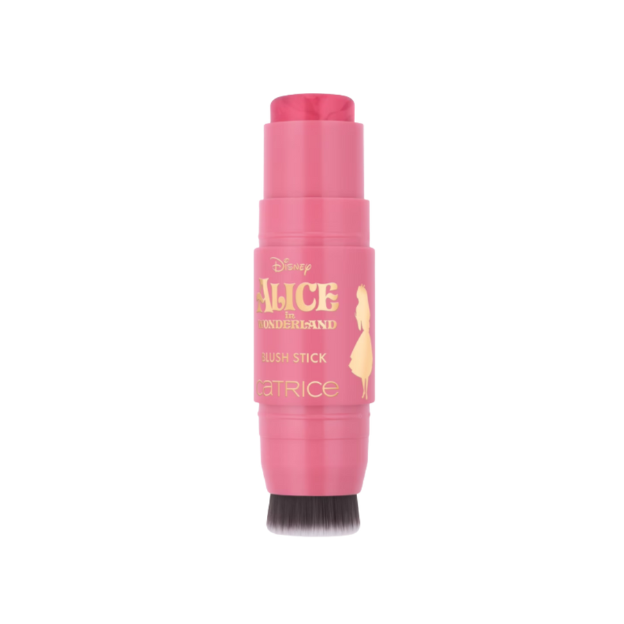 Catrice Disney Alice in Wonderland blush stick, pink dual-ended tube with built-in brush and gold lettering