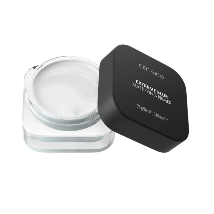 Catrice Extreme Blur Mattifying Primer 25g jar with black lid, clear base, and blue gel