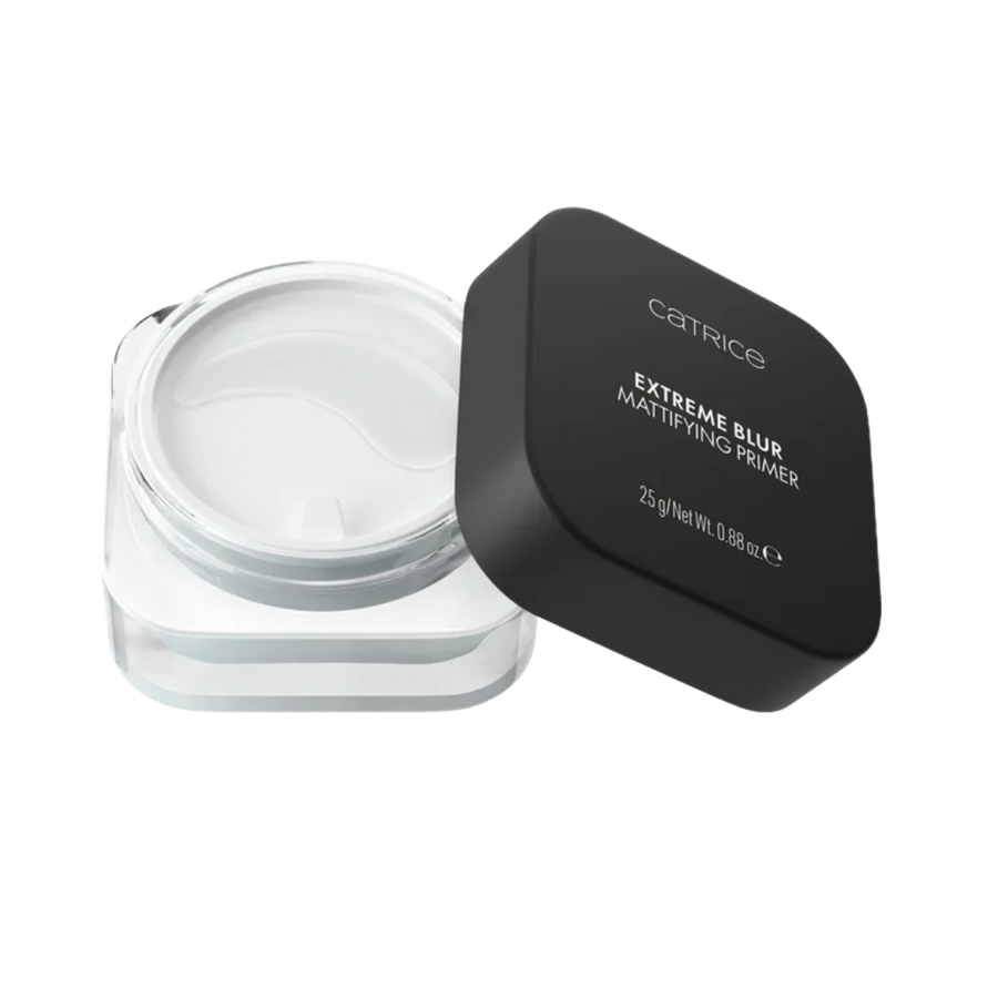 Catrice Extreme Blur Mattifying Primer 25g jar with black lid, clear base, and blue gel