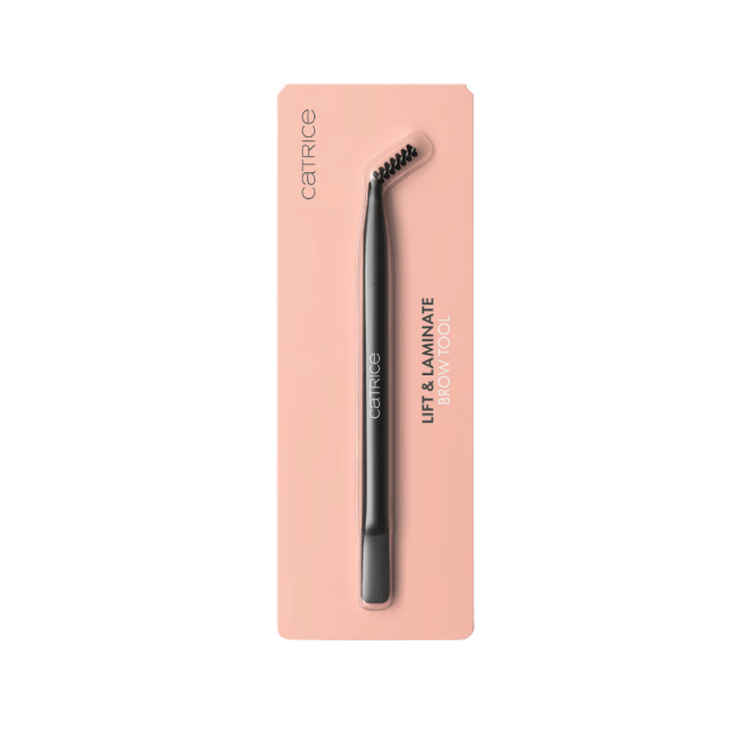 Catrice Lift & Laminate Brow Tool, black dual-ended brow brush on peach blister card