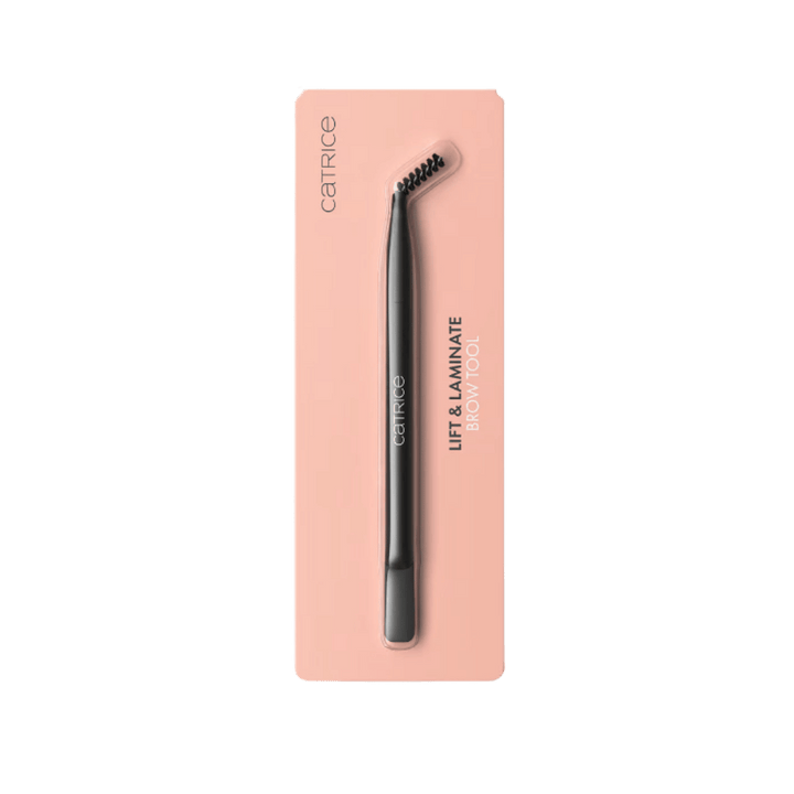 Catrice Lift & Laminate Brow Tool, black dual-ended brow brush on peach blister card