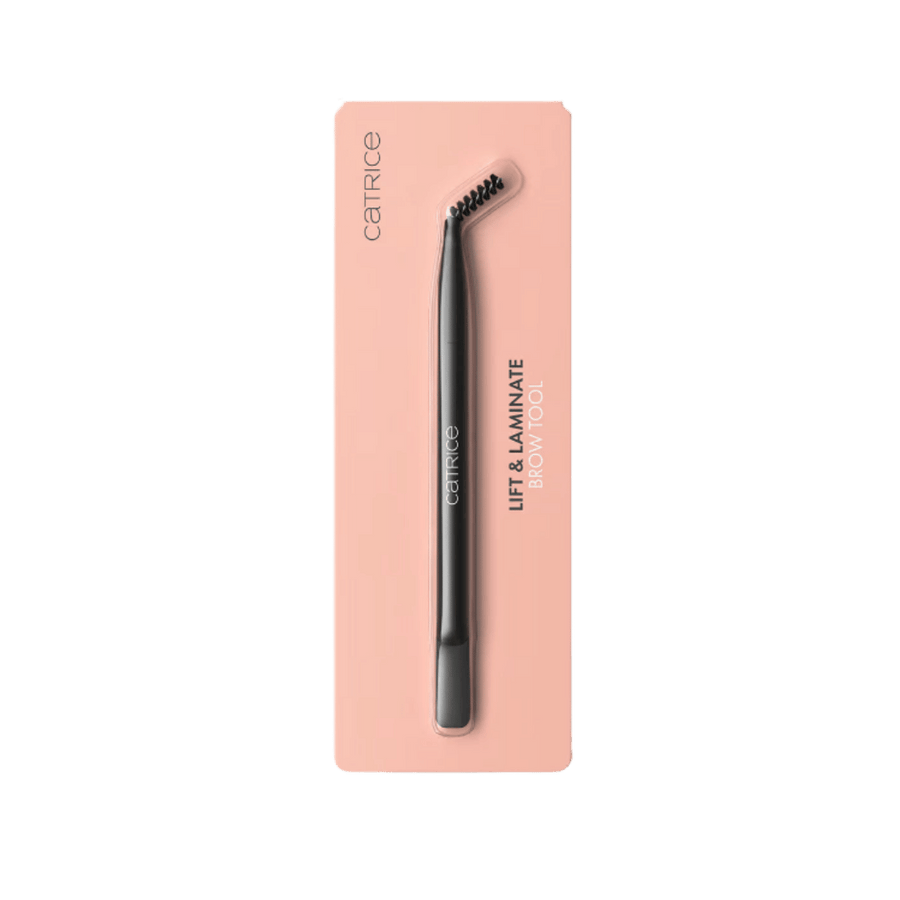 Catrice Lift & Laminate Brow Tool, black dual-ended brow brush on peach blister card
