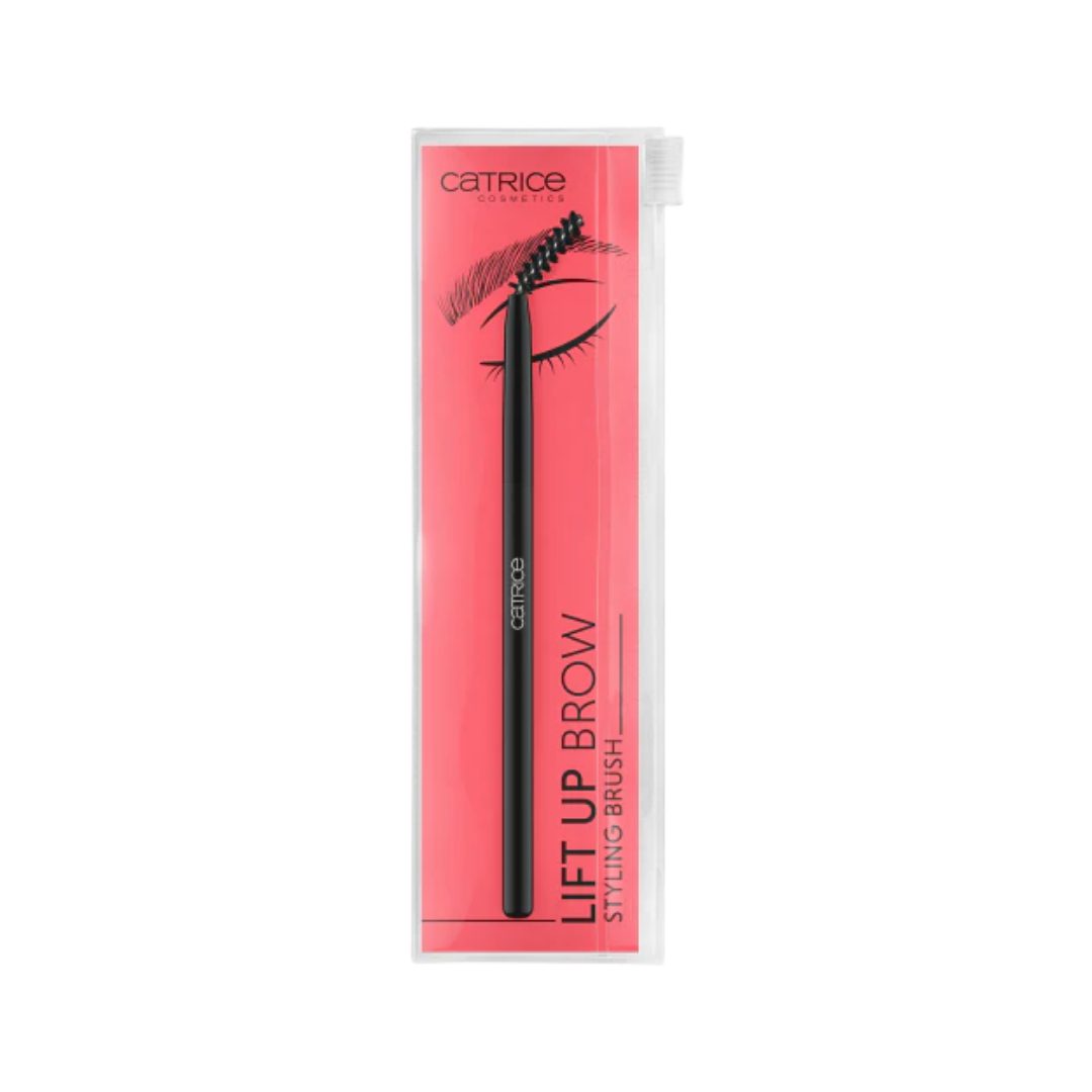 Catrice Lift Up Brow styling brush black handle packaged in pink rectangular blister card
