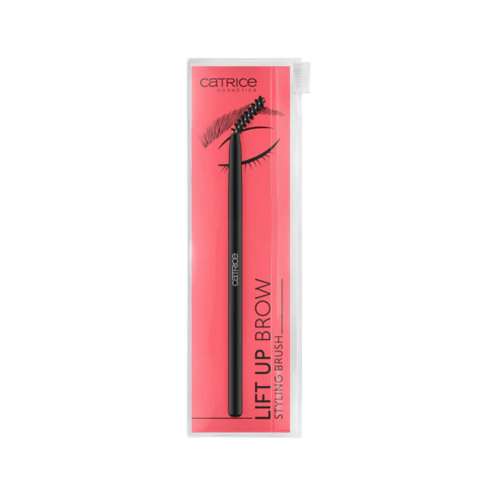 Catrice Lift Up Brow styling brush black handle packaged in pink rectangular blister card
