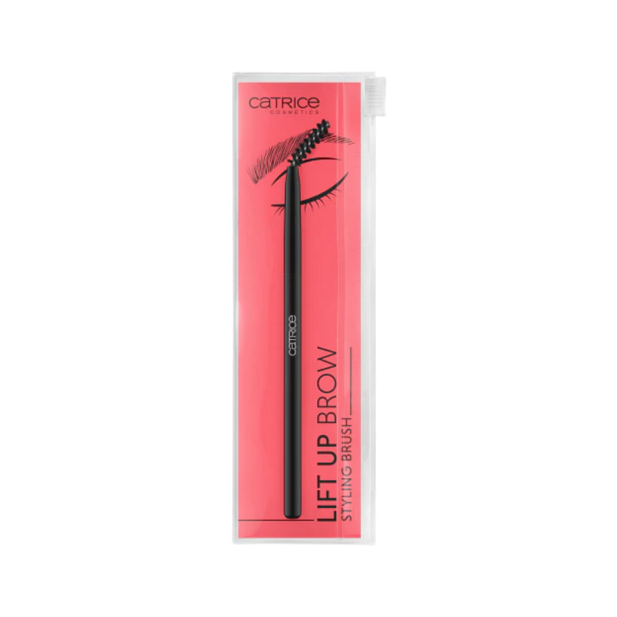 Catrice Lift Up Brow styling brush black handle packaged in pink rectangular blister card
