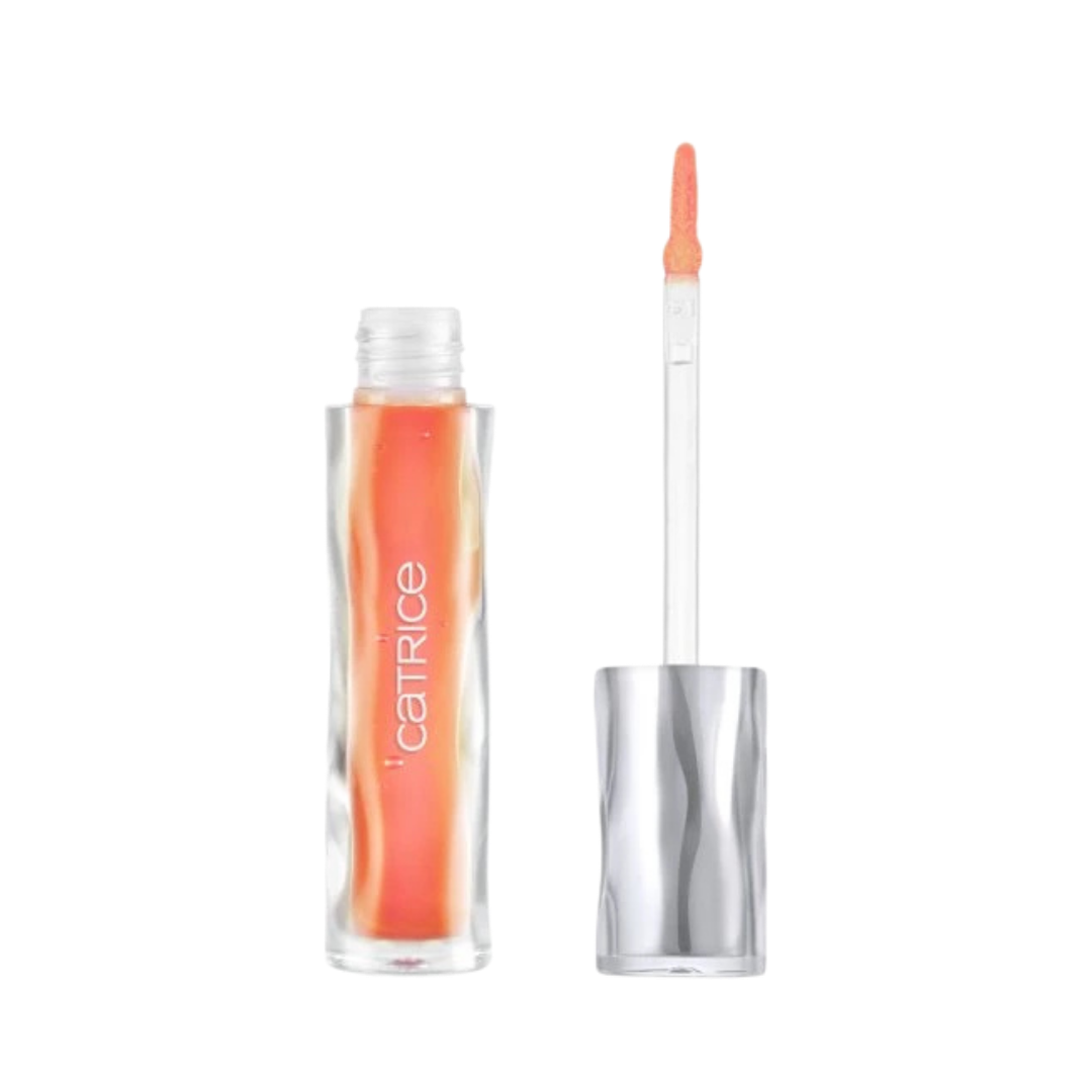 Catrice lip gloss tube with silver cap and wand applicator coral shade liquid cosmetic product