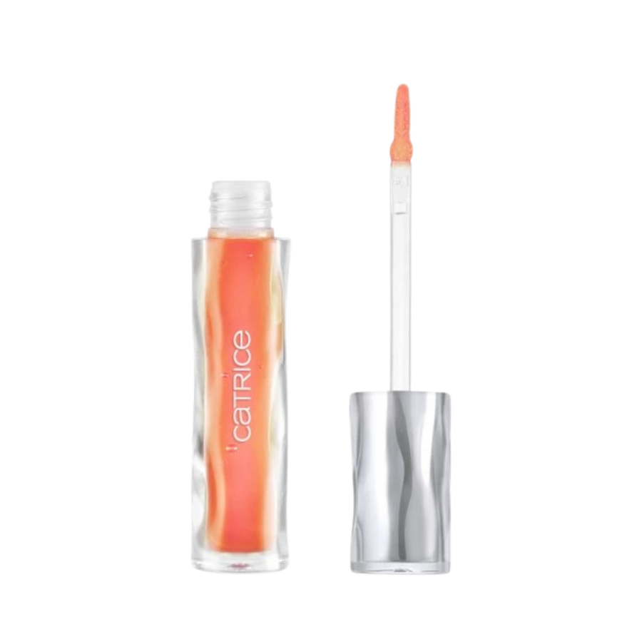 Catrice lip gloss tube with silver cap and wand applicator coral shade liquid cosmetic product