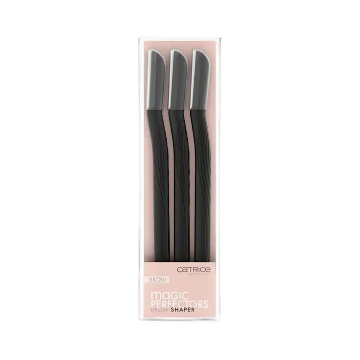 Catrice Magic Perfectors Brow Shaper set three black eyebrow razors in clear pink packaging
