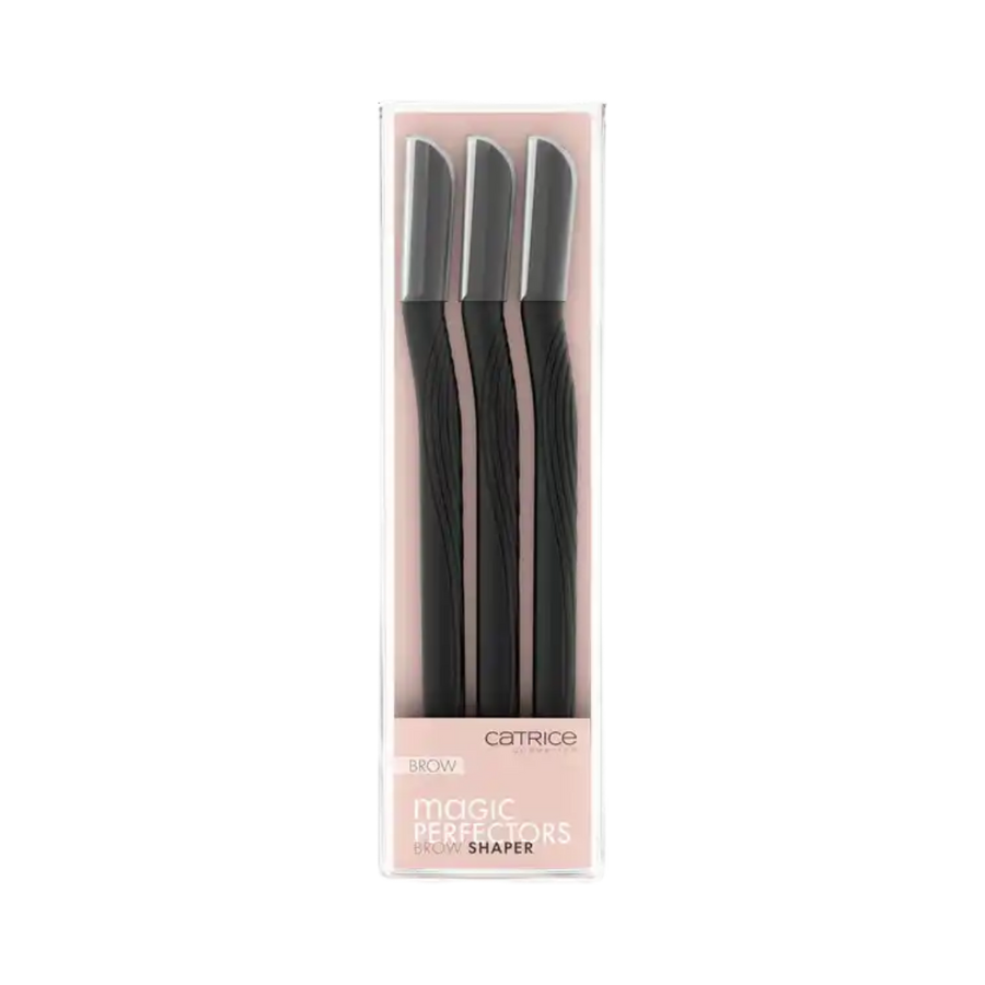 Catrice Magic Perfectors Brow Shaper set three black eyebrow razors in clear pink packaging
