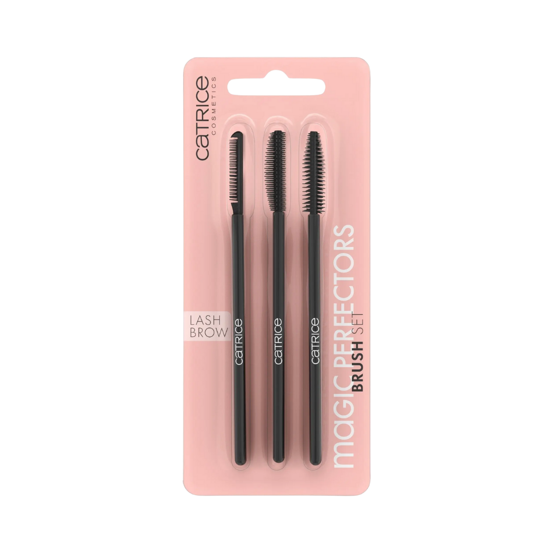 Catrice Magic Perfectors brush set three lash and brow brushes black handles pink blister packaging

