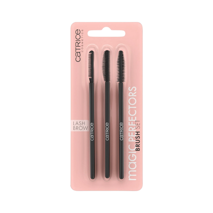 Catrice Magic Perfectors brush set three lash and brow brushes black handles pink blister packaging
