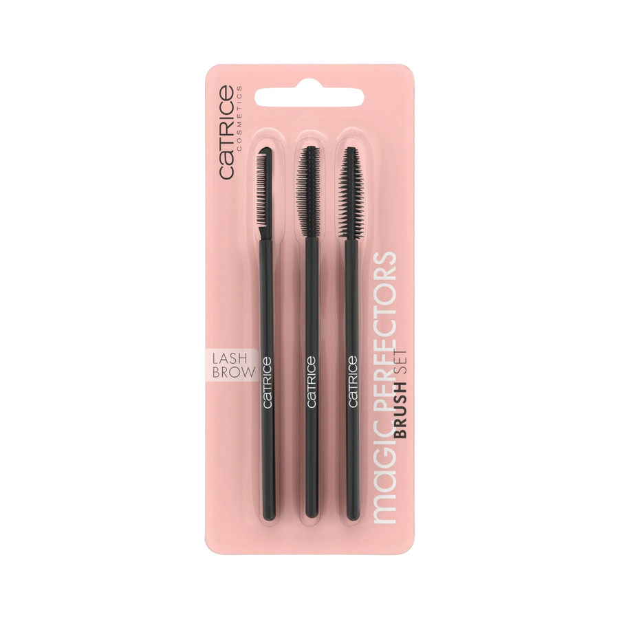 Catrice Magic Perfectors brush set three lash and brow brushes black handles pink blister packaging
