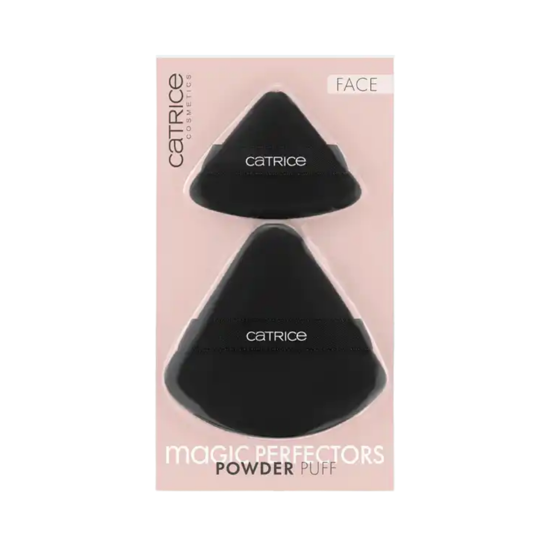 Catrice Magic Perfectors powder puff set two black triangular puffs in pink blister packaging
