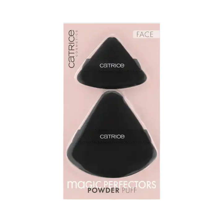 Catrice Magic Perfectors powder puff set two black triangular puffs in pink blister packaging
