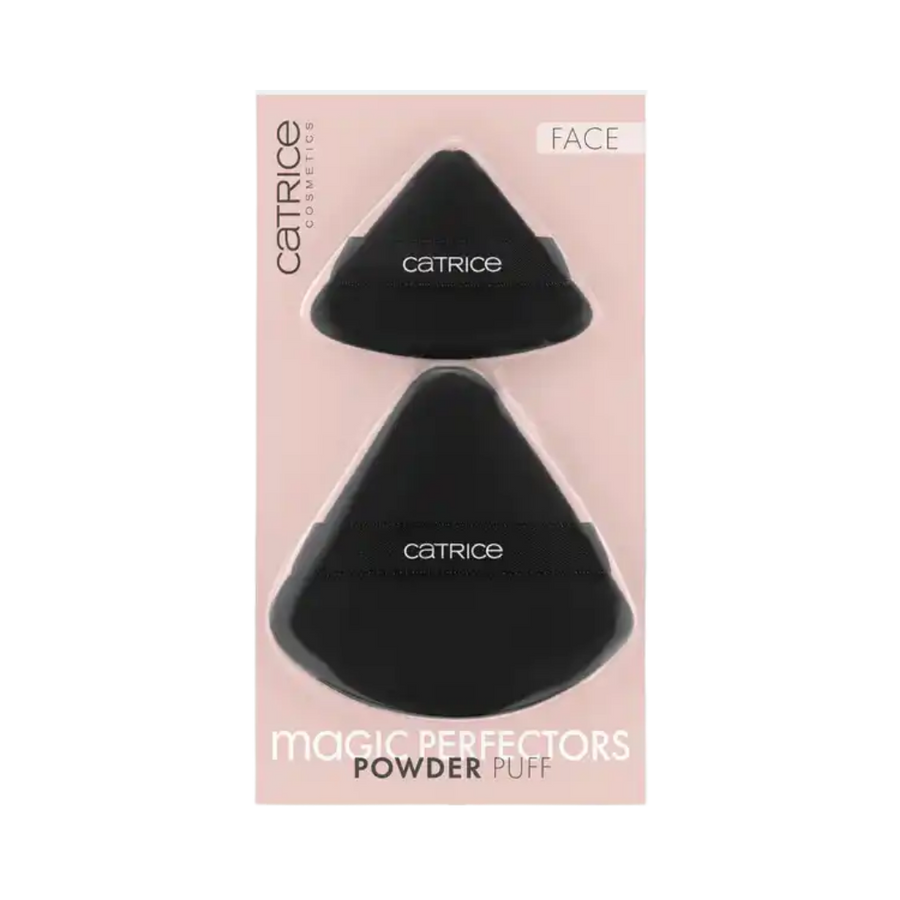 Catrice Magic Perfectors powder puff set two black triangular puffs in pink blister packaging
