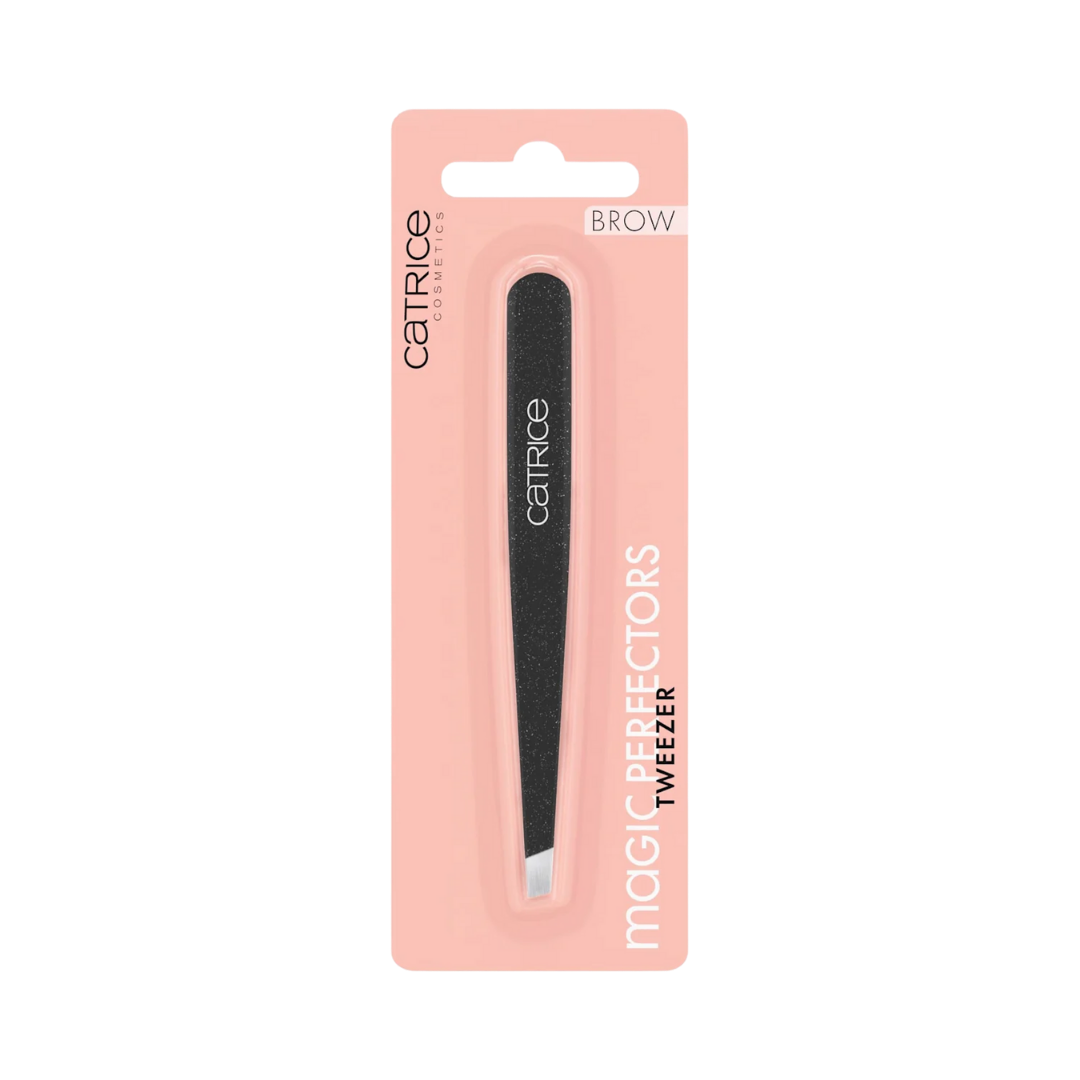 Catrice Magic Perfectors tweezers black textured handle angled tip packaged in pink blister card
