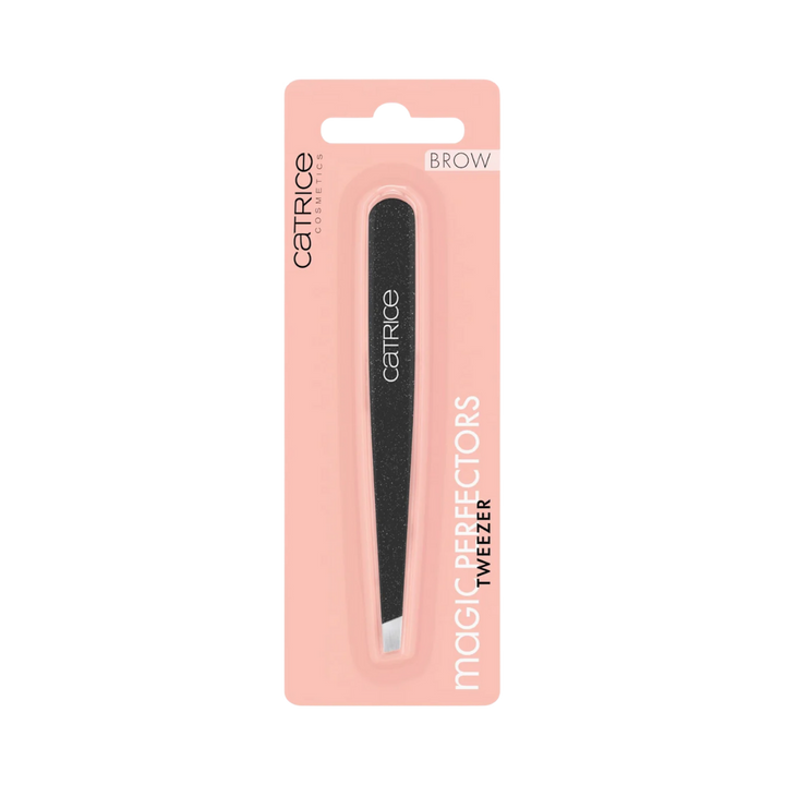 Catrice Magic Perfectors tweezers black textured handle angled tip packaged in pink blister card
