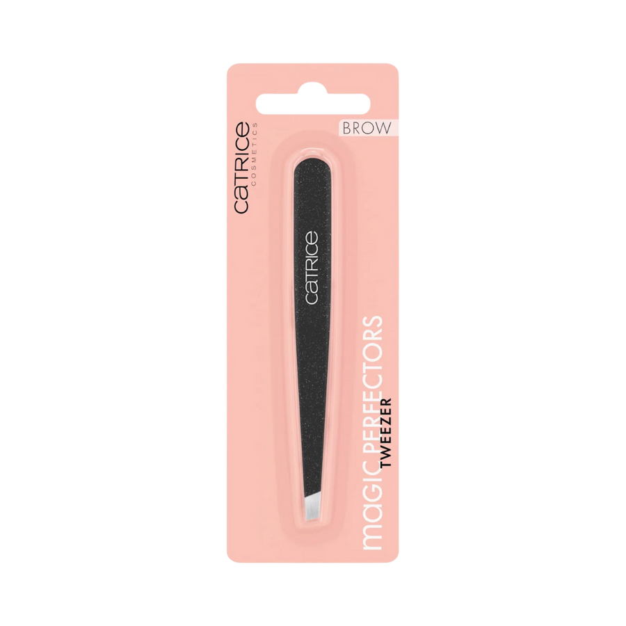 Catrice Magic Perfectors tweezers black textured handle angled tip packaged in pink blister card

