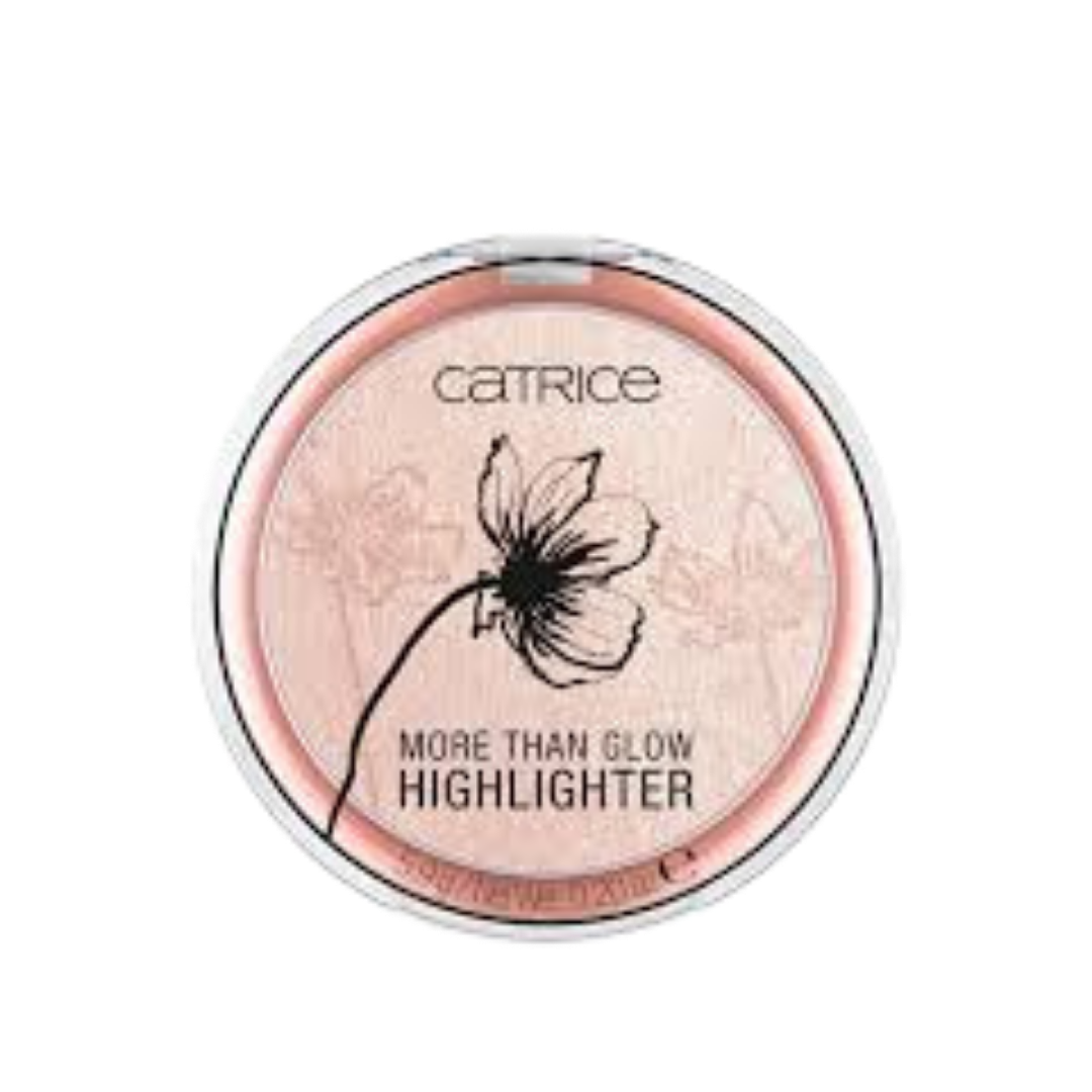Catrice More Than Glow Highlighter 5.9g, round compact with peach shimmer powder and clear lid