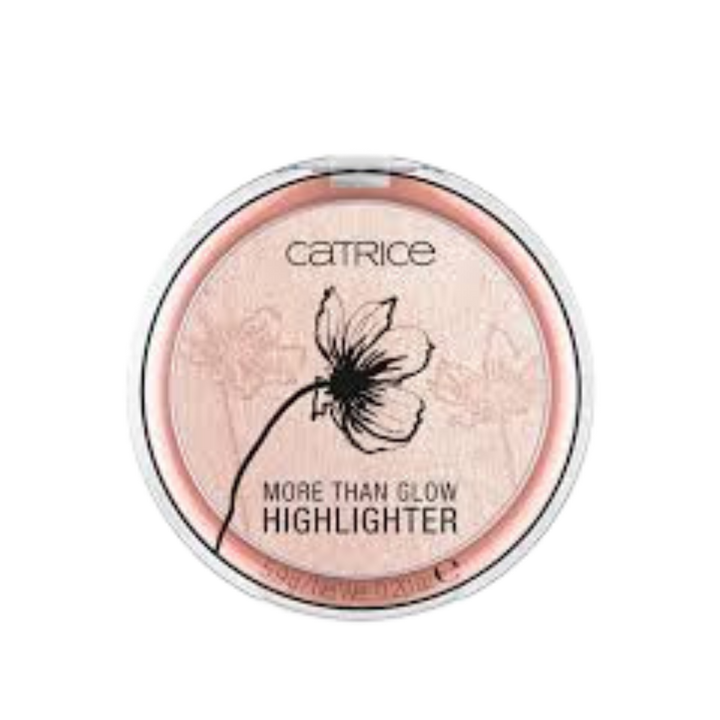 Catrice More Than Glow Highlighter 5.9g, round compact with peach shimmer powder and clear lid