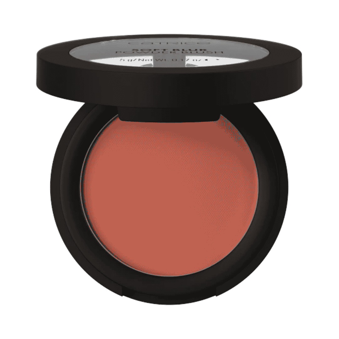 Catrice Soft Glam Filter powder blush, black round compact with peach pan and clear lid
