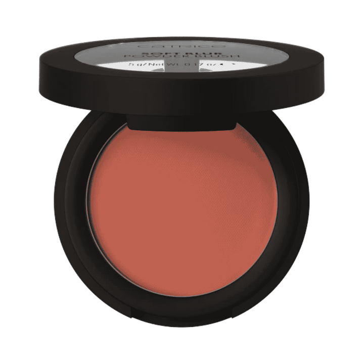 Catrice Soft Glam Filter powder blush, black round compact with peach pan and clear lid