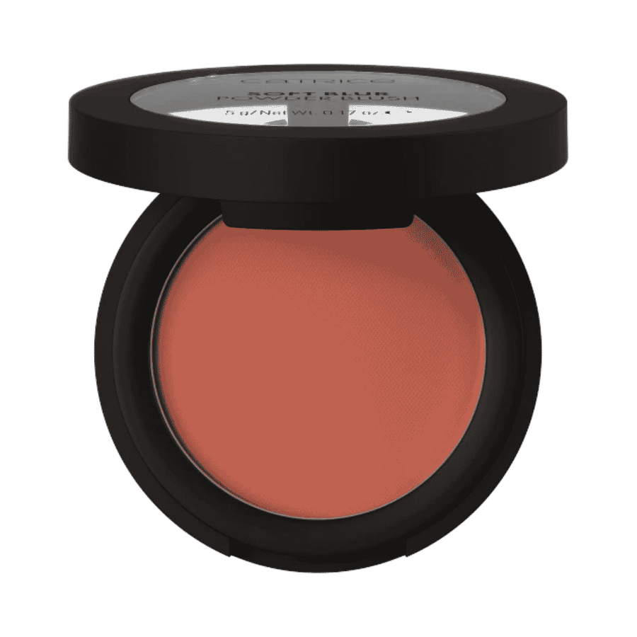 Catrice Soft Glam Filter powder blush, black round compact with peach pan and clear lid