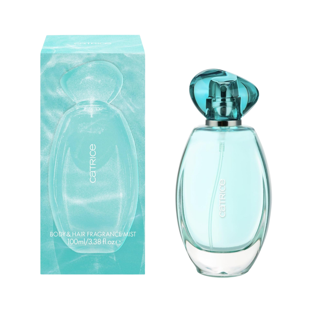 Catrice body and hair fragrance mist 100ml turquoise bottle with spray cap and matching box