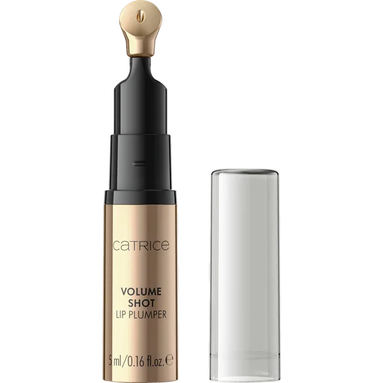Catrice Volume Shot Lip Plumper tube packaging with black applicator, gold-toned body, and transparent cap.