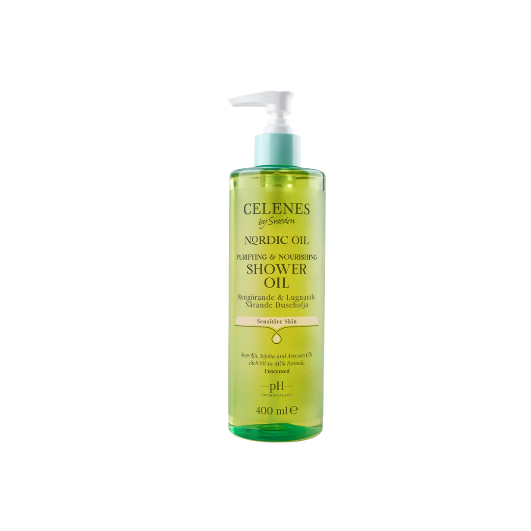 Celenes Nordic Oil shower oil for sensitive skin, 400 ml pump bottle, purifying and nourishing formula.