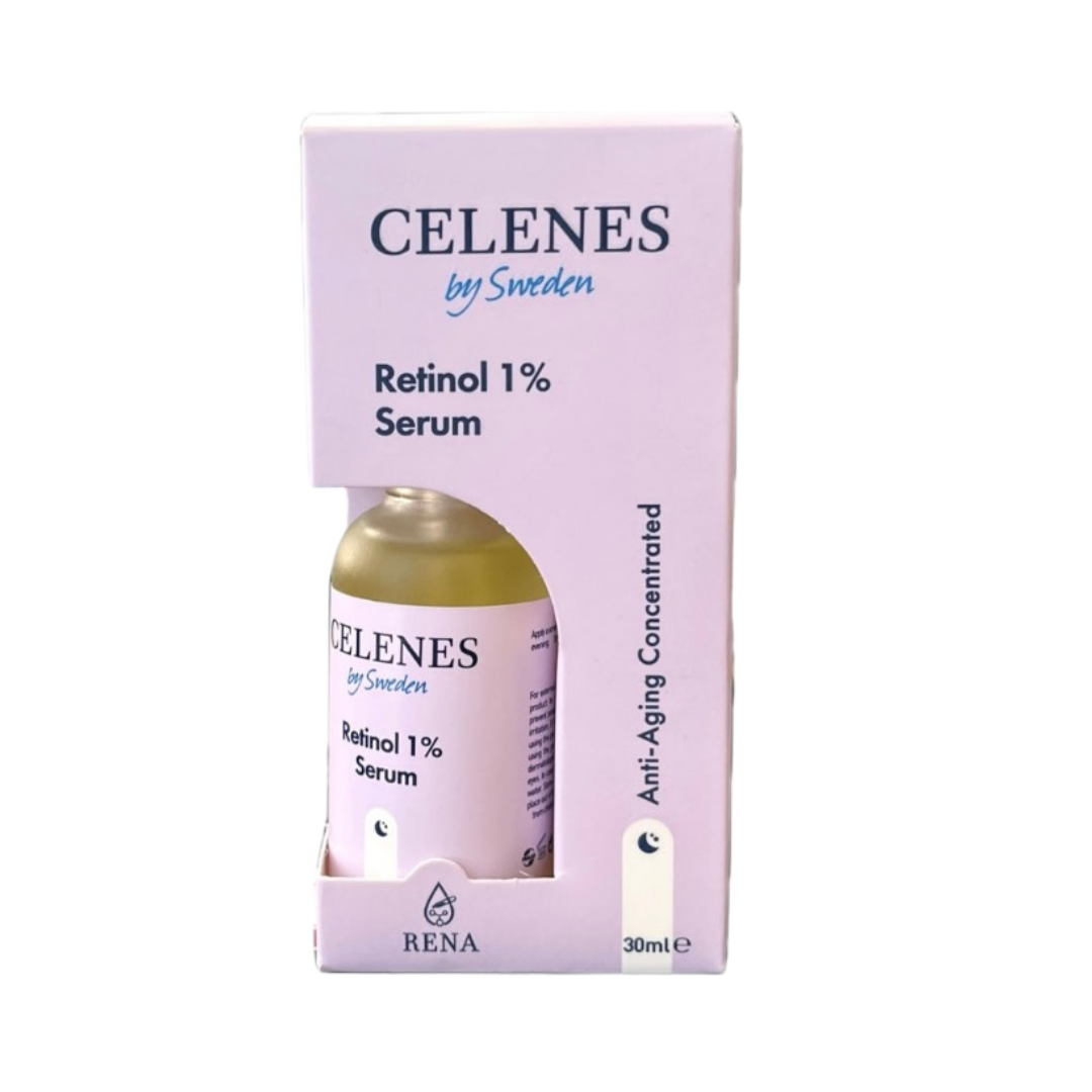 CELENES by Sweden Retinol 1% Serum, 30ml. Anti-aging concentrated serum, packaged in a glass bottle with a pink box.