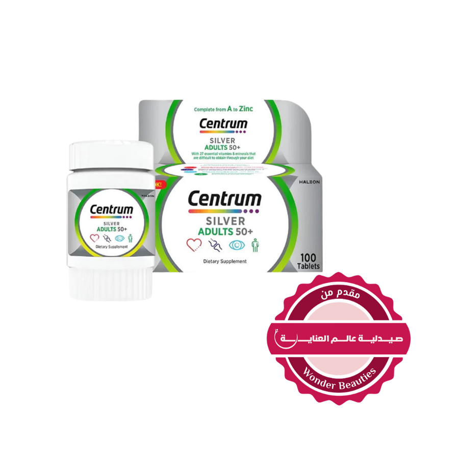 Centrum Silver Adults 50+ multivitamin tablets bottle and box, 100 tablets dietary supplement packaging.