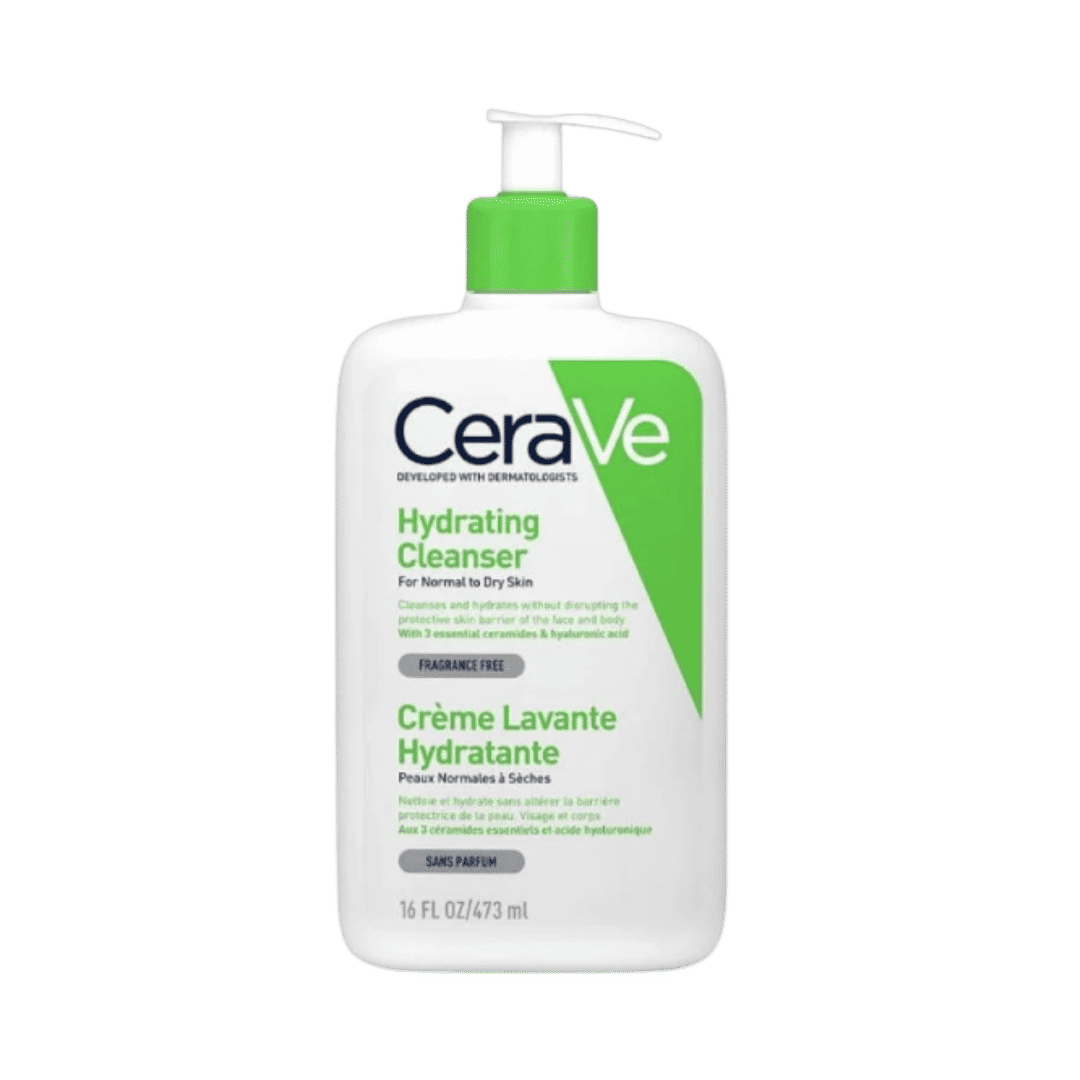 CeraVe moisturizing cleansing cream 473ml, green-white pump bottle, gentle cream cleanser, face and body use.