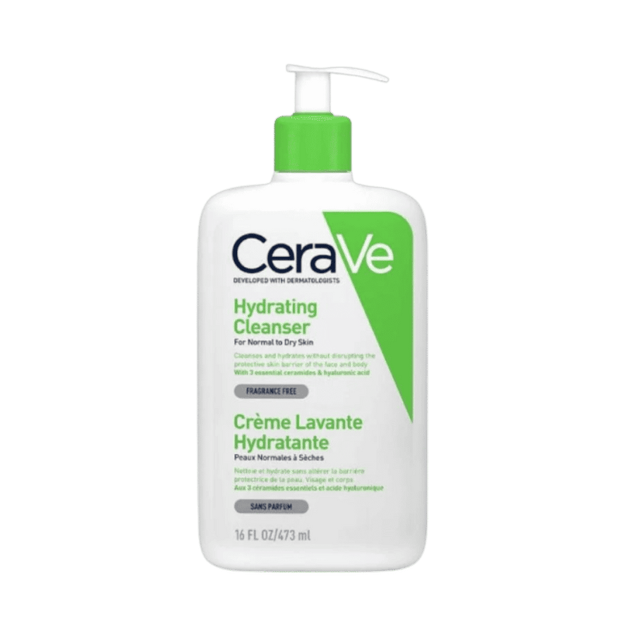 CeraVe moisturizing cleansing cream 473ml, green-white pump bottle, gentle cream cleanser, face and body use.